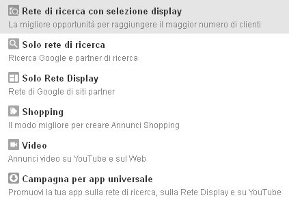 tipi di campagne adwords