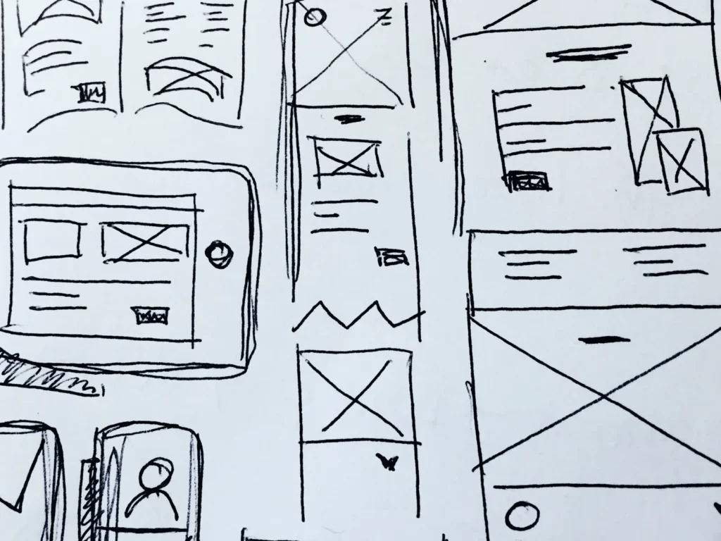 Schizzi di wireframe per il progetto di un sito